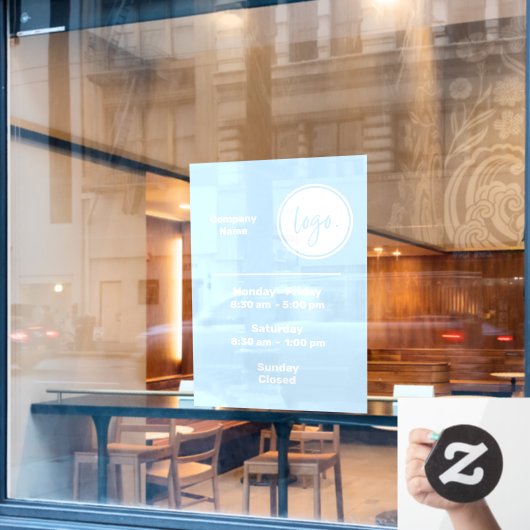 青と白の営業時間ロゴ ウィンドウサイン (カフェ窓)