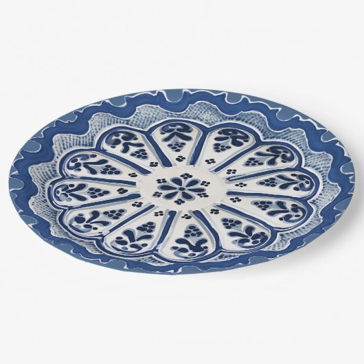 青と白の地中海風花柄偽中国陶磁器 ペーパープレート (アングル)