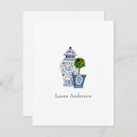 青と白の壷とトピアリーフラット サンキューカード (正面/裏面)