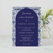 青と白の夏のタイルのカスタムウェディング招待状 招待状 (スタンド正面)