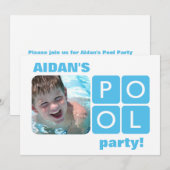 青と白の夏のプールパーティーの写真招待状 招待状 (正面/裏面)