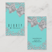 青と白の大きなリボンにダイヤモンドがあしらわれたシックなウェディング 名刺 (正面/裏面)