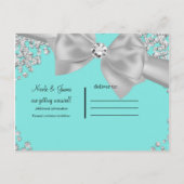 青と白の大きなリボンにダイヤモンド、Save the Date 案内ポストカード (裏面)