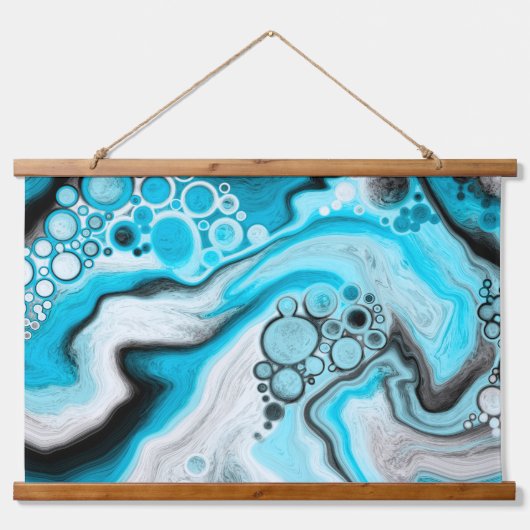 青と白の大理石の渦巻きと泡 吊り下げ型タペストリー (正面2)