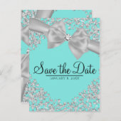 青と白の大胆なリボンにダイヤモンドが輝く Save the Date 案内ポストカード (正面/裏面)