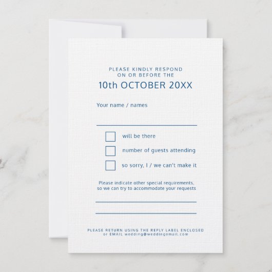 青と白の太文字 ウェディング返信ハガキ 招待状 (裏面)