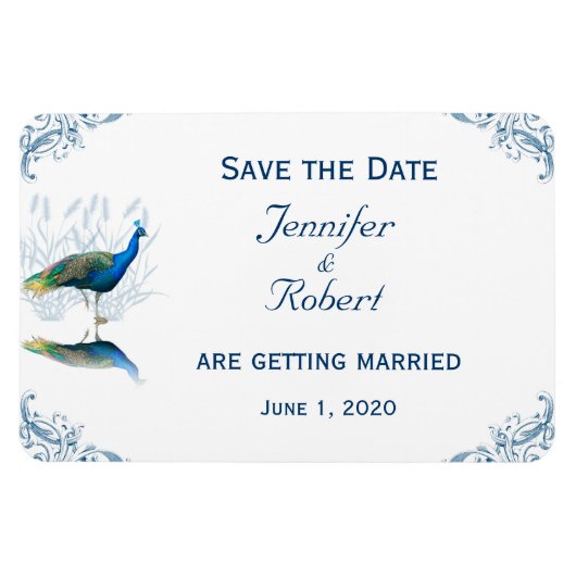 青と白の孔雀の庭の日付を保存 マグネット (横)