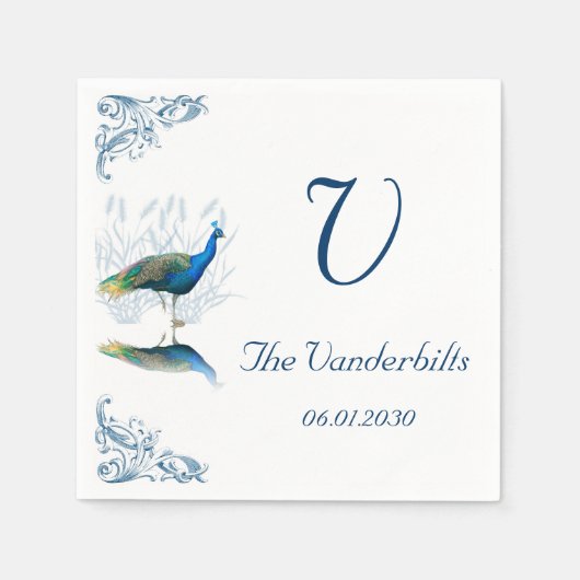 青と白の孔雀の結婚庭 スタンダードカクテルナプキン (正面)