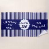 青と白の学校卒業パーソナライズされた ビーチタオル (正面)