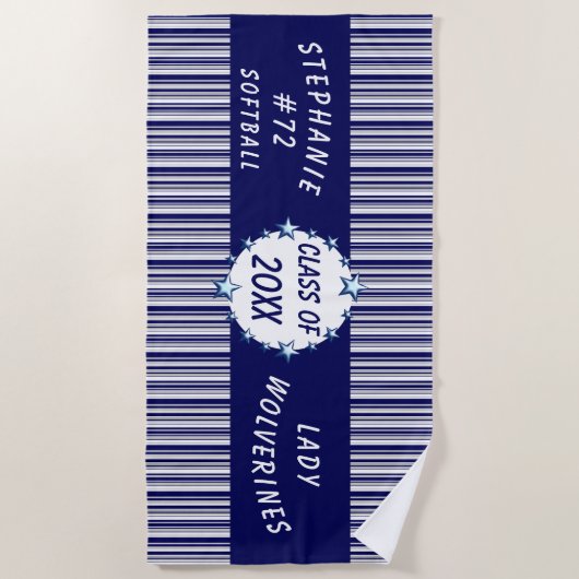 青と白の学校卒業パーソナライズされた ビーチタオル (正面)