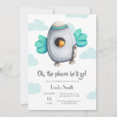 青と白の宇宙船と鳥のベイビーシャワー 招待状 (正面)