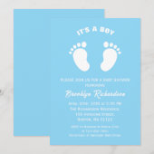 青と白の小さな足 おとこの赤ちゃん歓迎会 招待状 (正面/裏面)