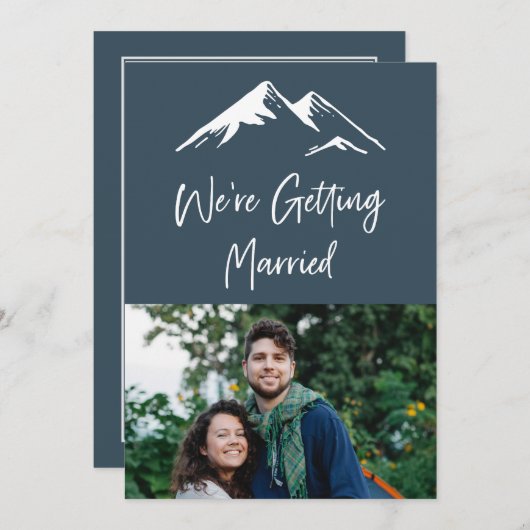 青と白の山の目的地の結婚式 招待状 (正面/裏面)