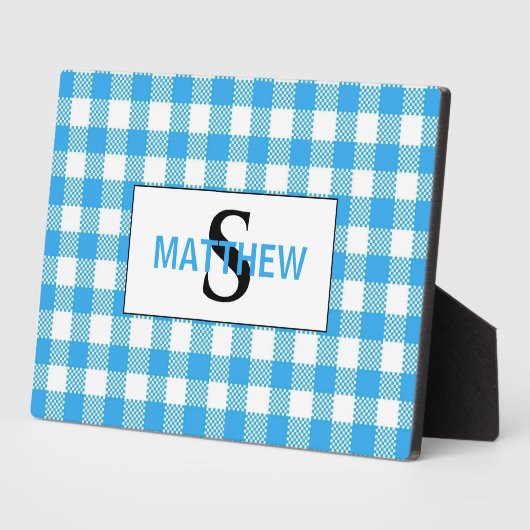 青と白の市松模様にイニシャルモノグラムと名前 フォトプラーク (側面)