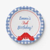 青と白の市松模様にジンガムレッドシューズOZパーティー ペーパープレート (正面)