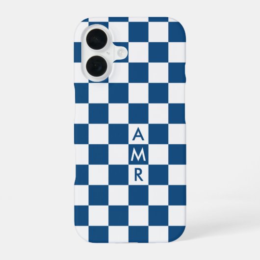 青と白の市松模様モノグラム iPhone 16ケース (裏面)