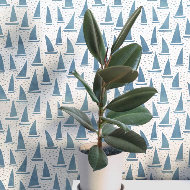 青と白の帆船 壁紙 (Sailing boat yacht coastal beach or lake house decor wallpaper)