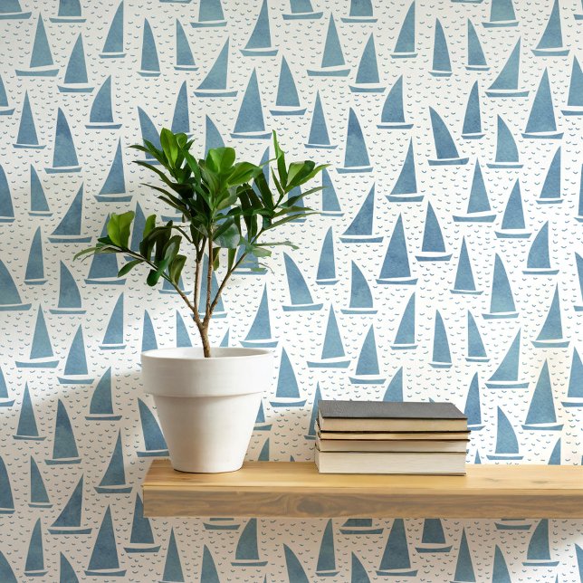 青と白の帆船 壁紙 (Sailing boat yacht coastal beach or lake house decor wallpaper)