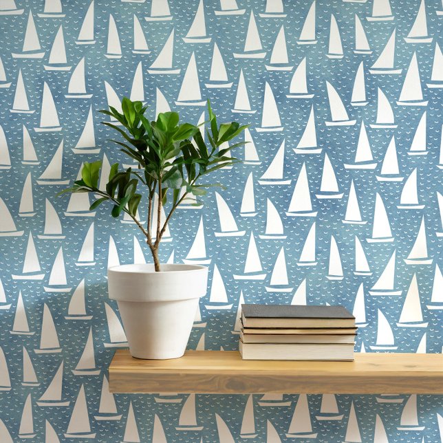 青と白の帆船 壁紙 (Sailing boat or yacht nautical coastal blue and white art wallpaper by Nic Squirrell)