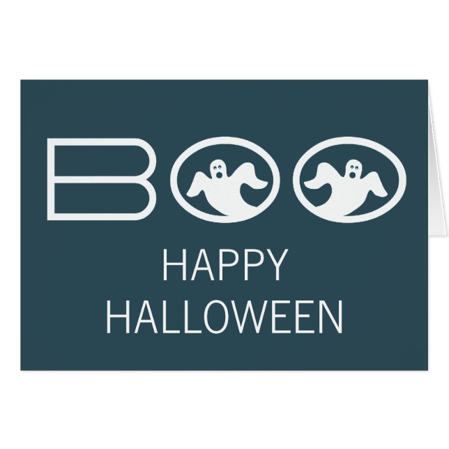 青と白の幽霊のブーのハロウィンカード (正面横)