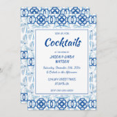 青と白の幾何学的な花のシノワサリー 招待状 (正面/裏面)