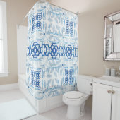 青と白の幾何学的フローラChinoiserie シャワーカーテン (インサイチュ)