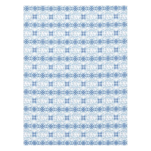 青と白の幾何学的フローラChinoiserie テーブルクロス (正面)