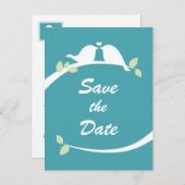 青と白の愛の鳥の結婚式の日付を保存 案内ポストカード (正面/裏面)