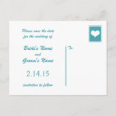 青と白の愛の鳥の結婚式の日付を保存 案内ポストカード (裏面)