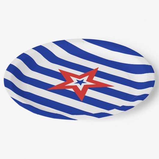 青と白の愛国的なアメリカのスターストライプ ペーパープレート (アングル)