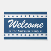 青と白の愛国的なスター名前をカスタムするへようこそ ドアマット (正面)