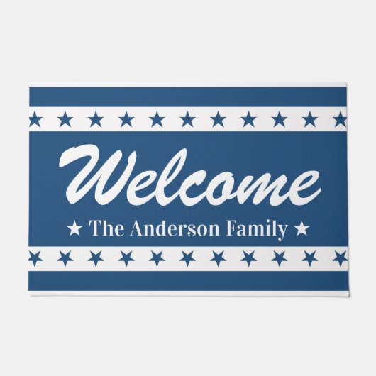 青と白の愛国的なスター名前をカスタムするへようこそ ドアマット (正面)
