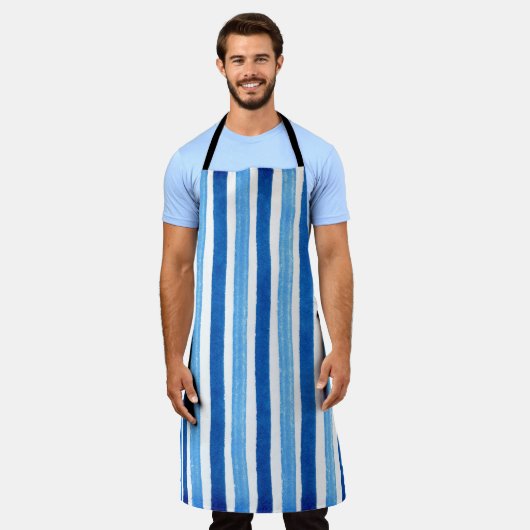 青と白の手の色彩の鮮やかストライプ エプロン (着用した状態)