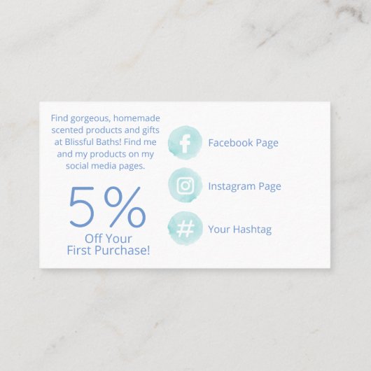 青と白の手作りの風呂爆弾ソーク石鹸 名刺 (裏面)