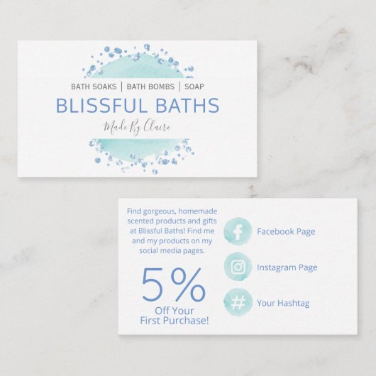 青と白の手作りの風呂爆弾ソーク石鹸 名刺 (正面/裏面)