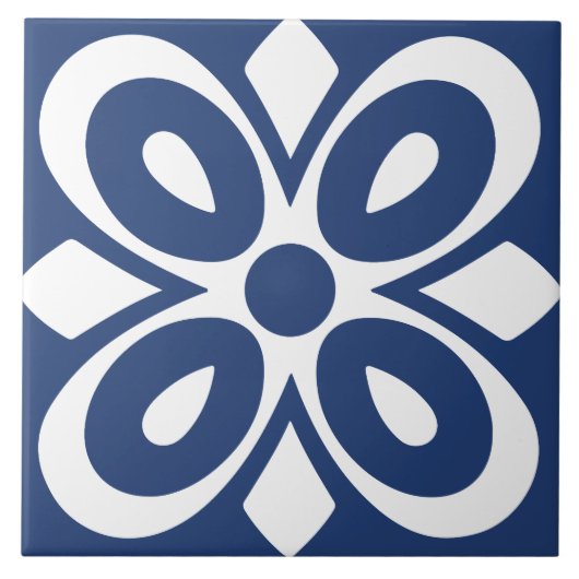 青と白の抽象的な花の幾何学模様 タイル (正面)