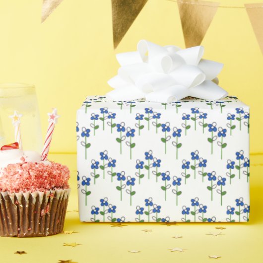 青と白の抽象的な花 ラッピングペーパー (誕生日パーティー)