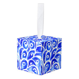 青と白の抽象芸術カーリーデザインパターン キューブオーナメント