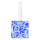 青と白の抽象芸術カーリーデザインパターン キューブオーナメント (正面)