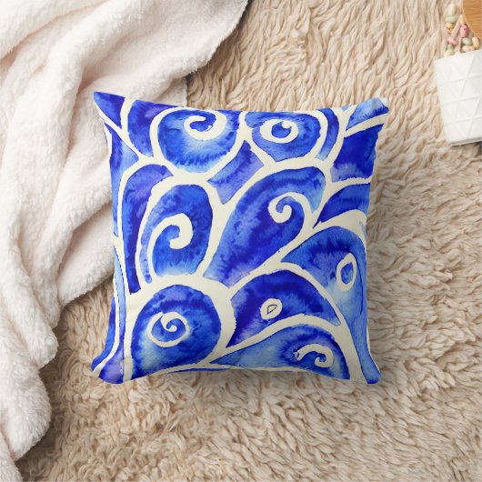 青と白の抽象芸術カーリーデザインパターン クッション (ブランケット)