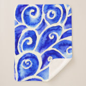 青と白の抽象芸術カーリーデザインパターン シェルパブランケット (正面)