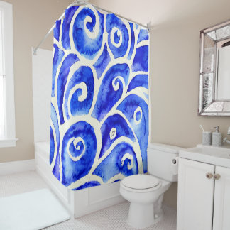 青と白の抽象芸術カーリーデザインパターン シャワーカーテン
