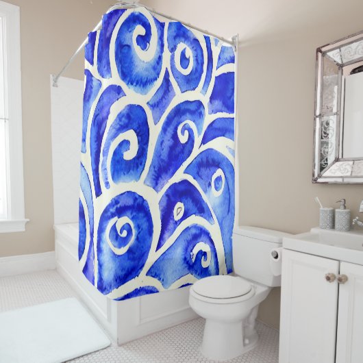 青と白の抽象芸術カーリーデザインパターン シャワーカーテン (インサイチュ)