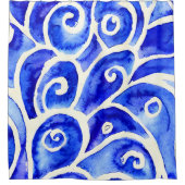 青と白の抽象芸術カーリーデザインパターン シャワーカーテン (正面)