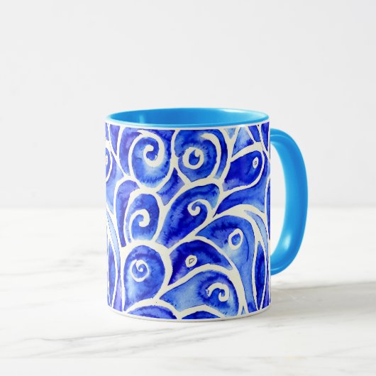 青と白の抽象芸術カーリーデザインパターン マグカップ (正面右)