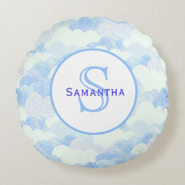 青と白の抽象芸術テクスチャード雲モングラム ラウンドクッション