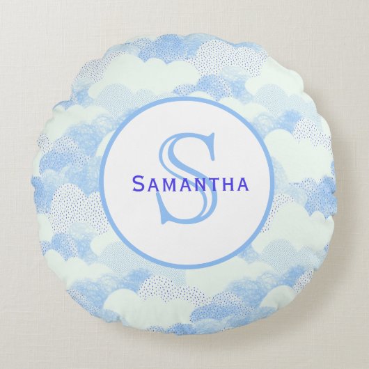 青と白の抽象芸術テクスチャード雲モングラム ラウンドクッション (正面)