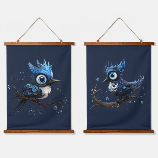 青と白の抽象芸術青のジェイのカップル 吊り下げ型タペストリー (ダブル)