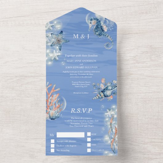 青と白の星の魚とタツノオトシゴのビーチをテーマにしたウェディング オールインワン招待状 (内側)