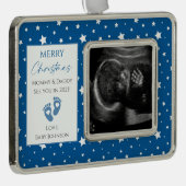 青と白の星新生児超音波写真 シルバープレートフレームオーナメント (右)